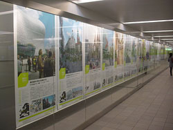 "Reorganization of Places" corner exhibit, presenting examples that include Birmingham and Copenhagen