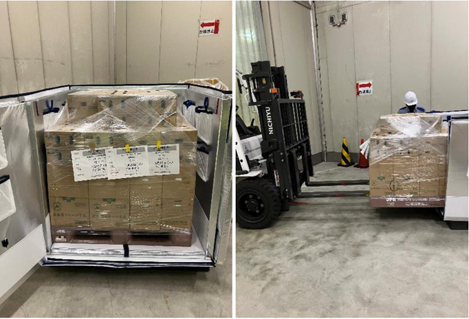 1.1m角のパレット上にパレタイズされた荷物をそのまま断熱ボックスへ入る写真