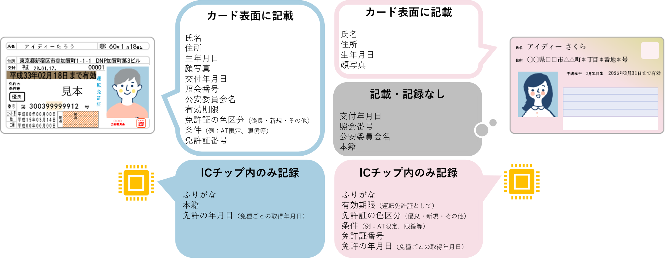 従来の運転免許証とマイナ免許証の書き込み情報の違いを図で示したもの