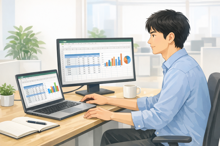 ノートPCと外部モニターに表示されたExcelの表やグラフを操作しているオフィスワークのイラスト
