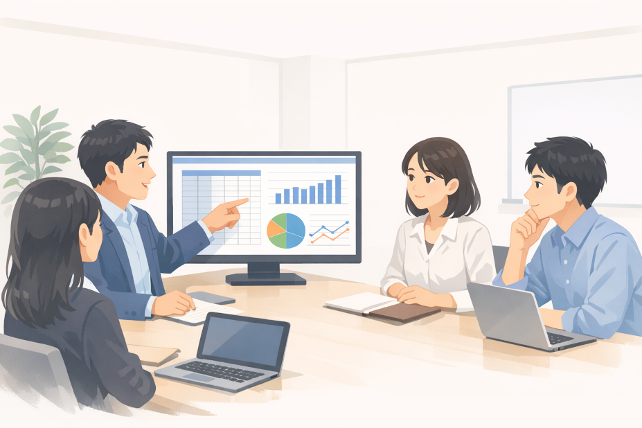 会議室でモニターに表示されたグラフや表を見ながら、データ分析について打ち合わせをしているイラスト
