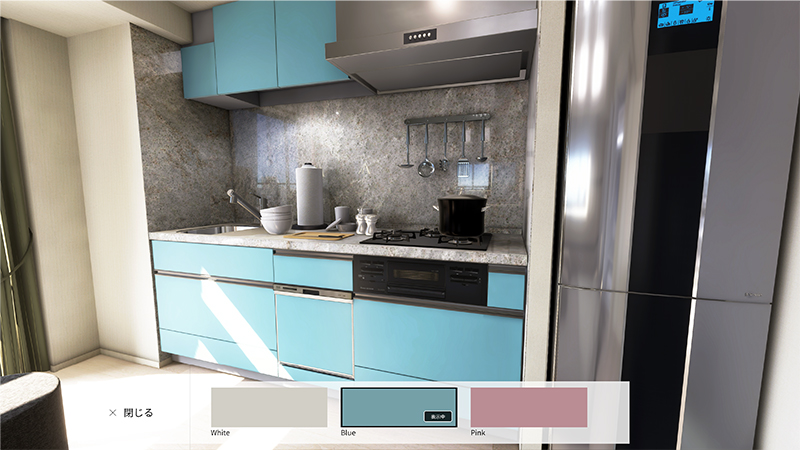  DNPバーチャルエクスペリエンス　VRショールームで住宅設備のカラーバリエーション変更を行うイメージ