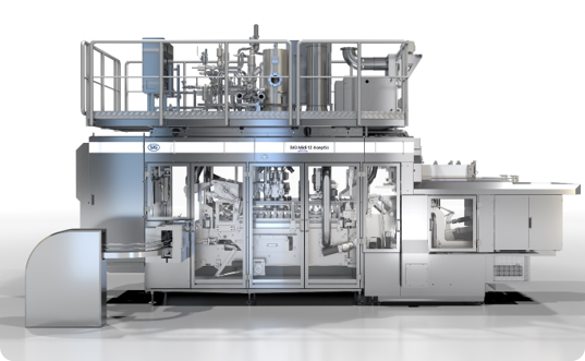 高生産性と低廃棄率を実現する、SIGの高速カートン包装充填機の実機外観。