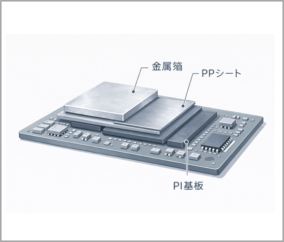 DNP熱溶着フィルムの電子部品・基板関連用途での活用事例を示すイラスト