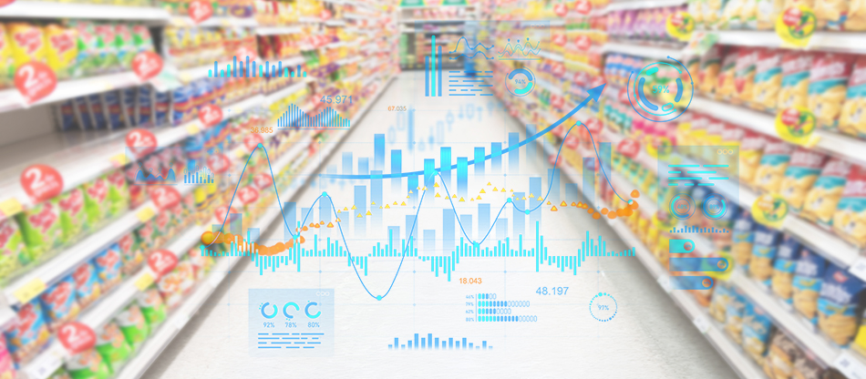 商品棚が並ぶスーパーマーケット通路に売上データのグラフが重ね表示された様子
