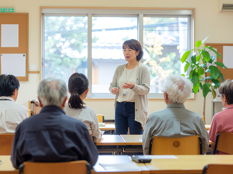教室で中高年の受講者に向けて女性講師が説明している講座風景