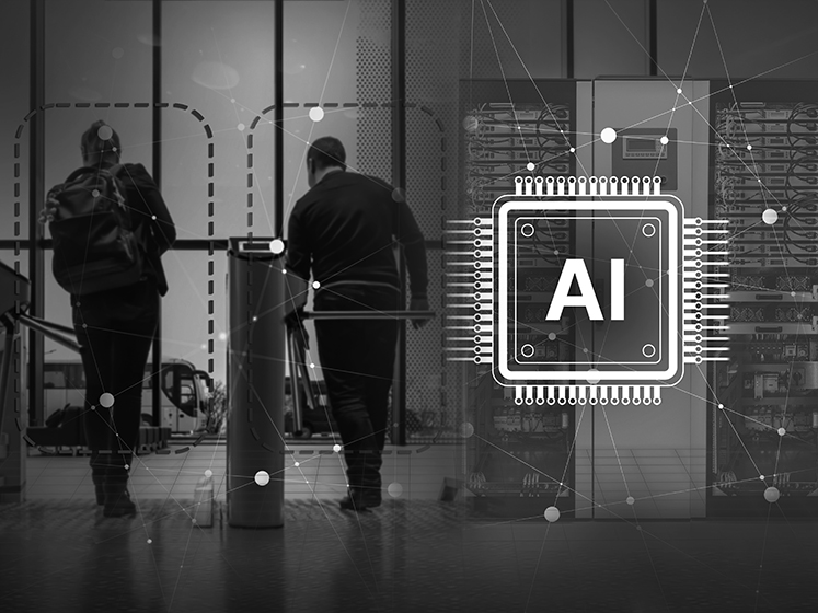 入退室ゲートを通る人物とAIチップのグラフィックが重ねられたセキュリティイメージ