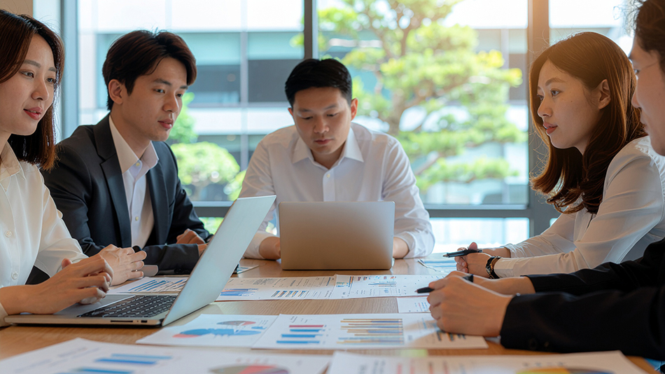 資料とノートパソコンを囲み、会議室で打ち合わせをする運営代行チーム