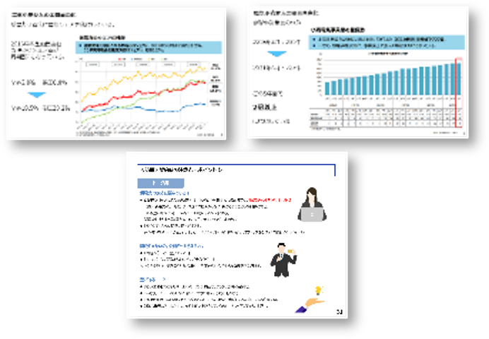 グラフ資料と案内画面を組み合わせ、成果や支援内容を示した説明図