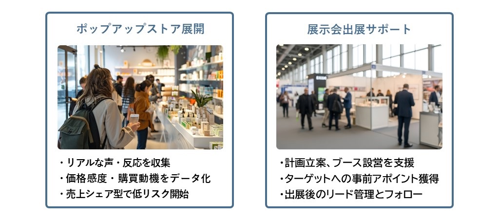 ポップアップストア展開、展示会出展などをサポートいたします。