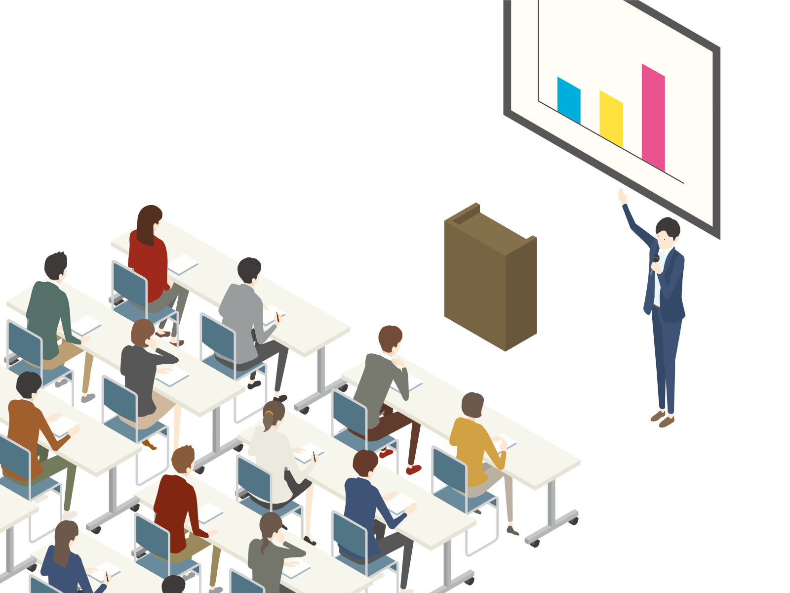 研修企画から効果測定までの流れと、研修風景を並べた説明用図版