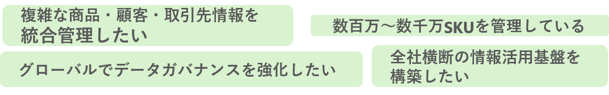 複雑な商品・顧客・取引先情報を統合管理したい／数百万～数千万SKUを管理している／グローバルでデータガバナンスを強化したい／全社横断の情報活用基盤を構築したい
