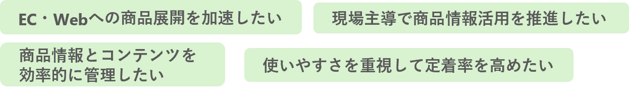 EC・Webへの商品t年会を加速したい／現場主導で商品情報活用を推進したい／商品情報とコンテンツを効率的に管理したい／使いやすさを重視して定着率を高めたい