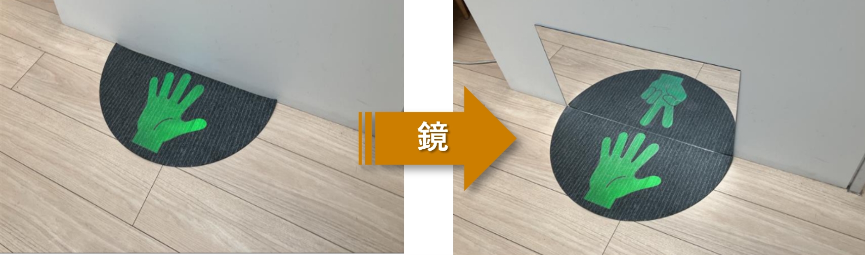 あらかじめ鏡用に設計したマットと垂直に鏡を設置している様子。 鏡の中と鏡の外で異なる像が現れます。