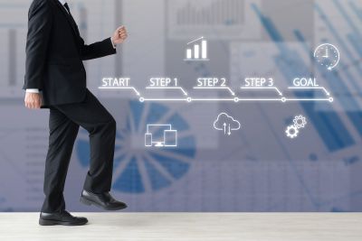 会社員を思わせるスーツを着た人が、RPAの導入ステップのスタート地点に立っている様子