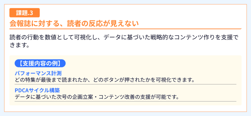 課題：会報誌への読者の反応が見えない。解決策：読者の行動を数値化し、データに基づいた戦略的なコンテンツ作りを支援。支援例：読了率やクリックのパフォーマンス計測、データに基づくPDCAサイクル構築。