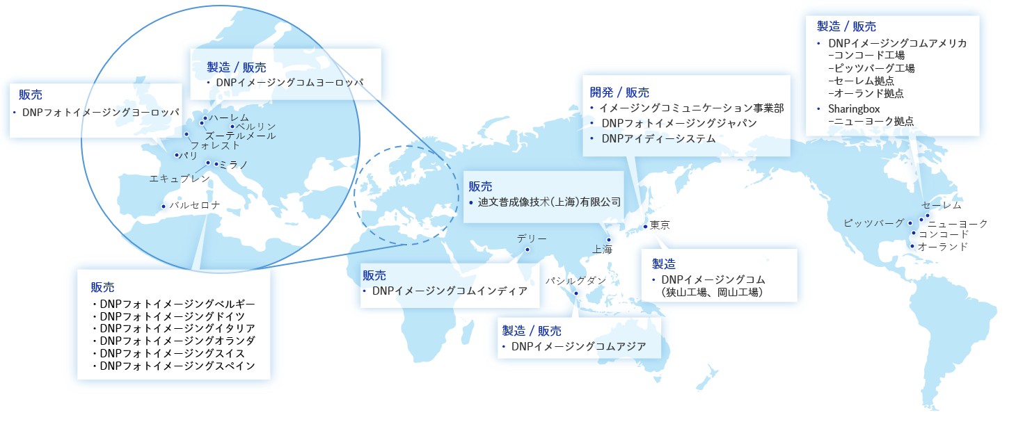 世界地図に、日本、北米、欧州、アジアにおける製造・販売拠点がマッピングされているイメージです