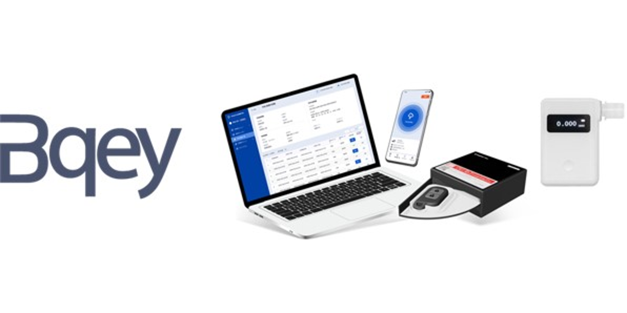 Bqeyロゴ、アプリを立ち上げたPC、アプリを立ち上げたスマホ、デジタルキーボックスに収納された車両鍵、アルコール検知器