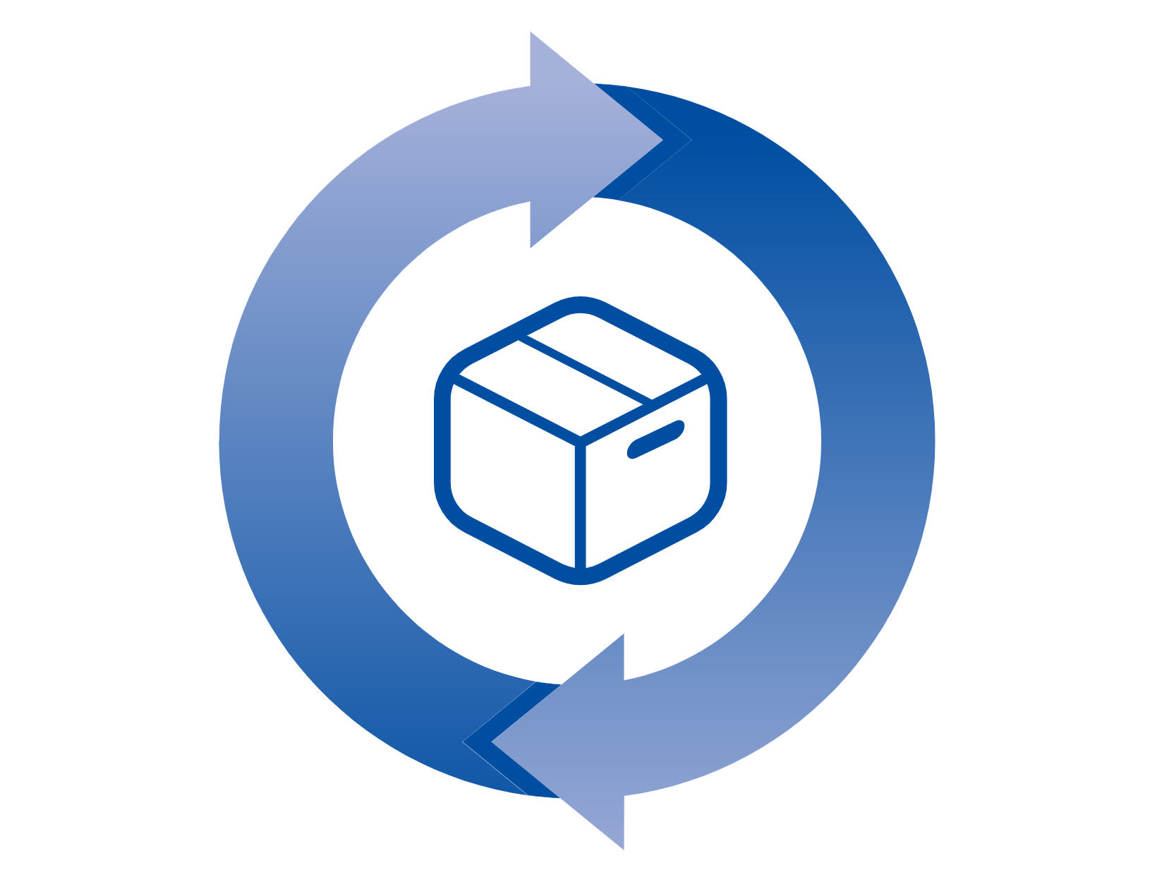一括委託をイメージした、中央の製品箱を囲む円状の矢印アイコン。原料の混合から最終包装・セット加工までをワンストップで対応し、新規事業やテスト生産に最適なサービスであることを示します。