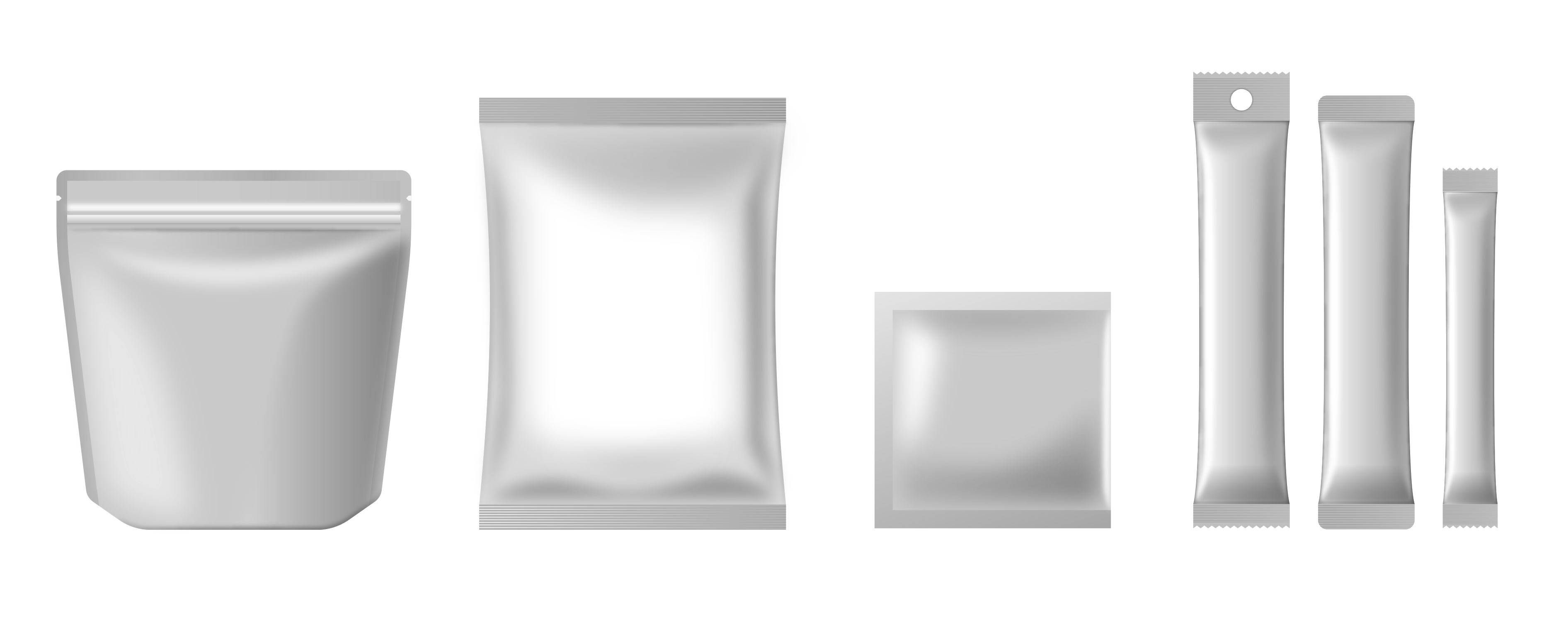 対応可能な多様な包装形態のサンプル。左から、スタンドチャック袋、三方シール袋、四方シール小袋、そして異なるサイズのスティック袋（ハッチ加工あり・なし、小サイズ）です。