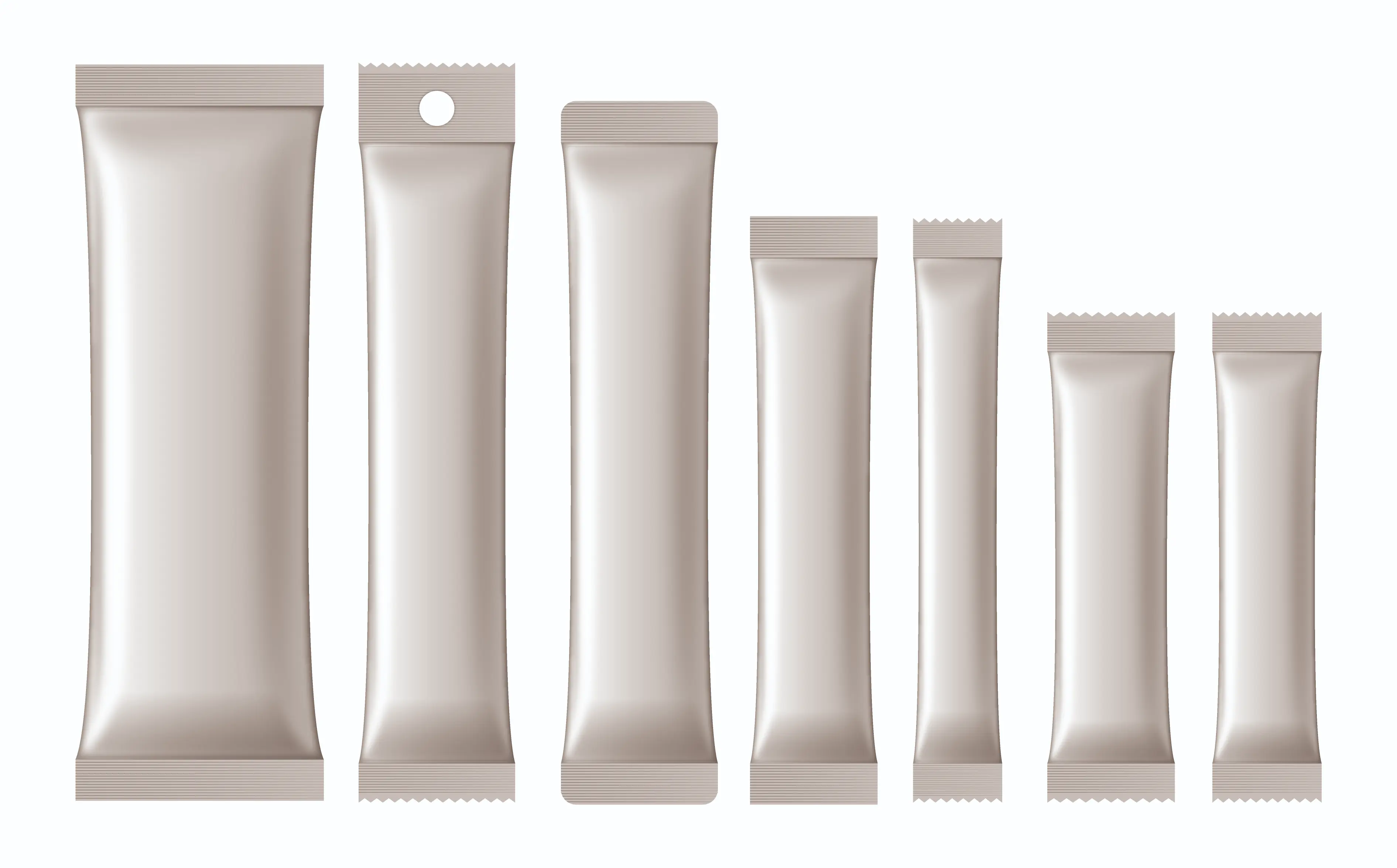 スティック包装のサイズ・仕様バリエーション。横に並べた、長さや幅が異なる7種類のスティック袋モックアップ。ハッチ加工（吊り下げ穴）や、イージーカット仕様など、用途に合わせた形状を示します。