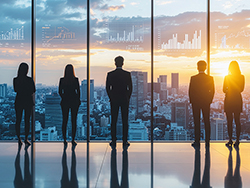 都市の高層ビルを背景に窓際に立つ5人の人物とデータグラフの重ね表示