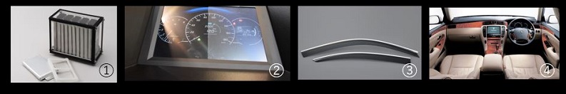 DNPのモビリティ製品：左から　リチウムイオン電池用バッテリーパウチ、光学フィルム、サイドバイザー、内装用加飾フィルム。