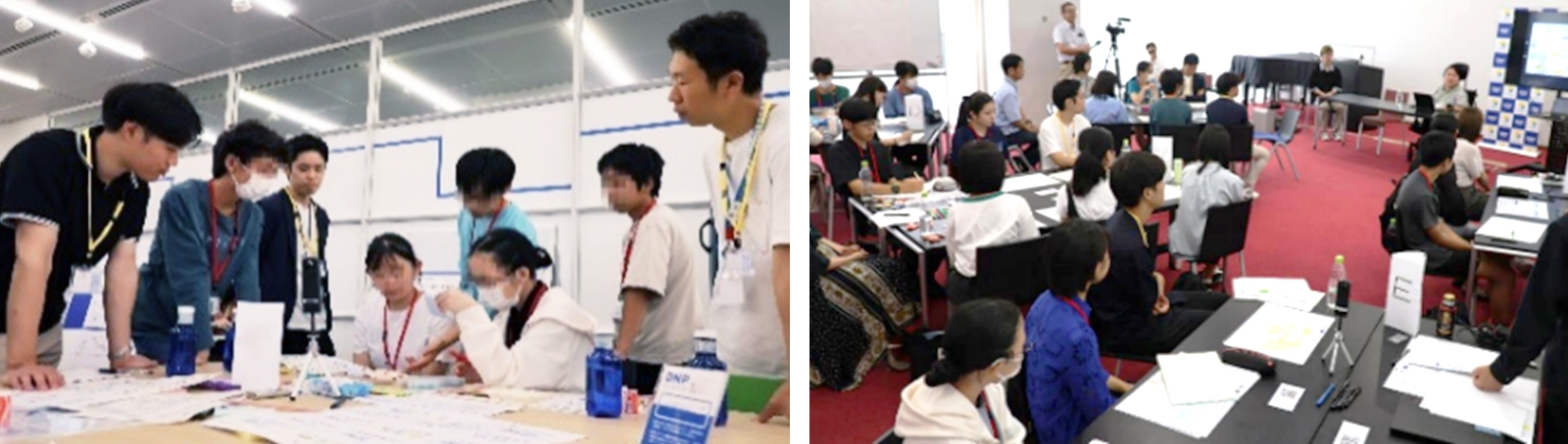 社会人と学生がグループに分かれて、意見創発をしている写真。